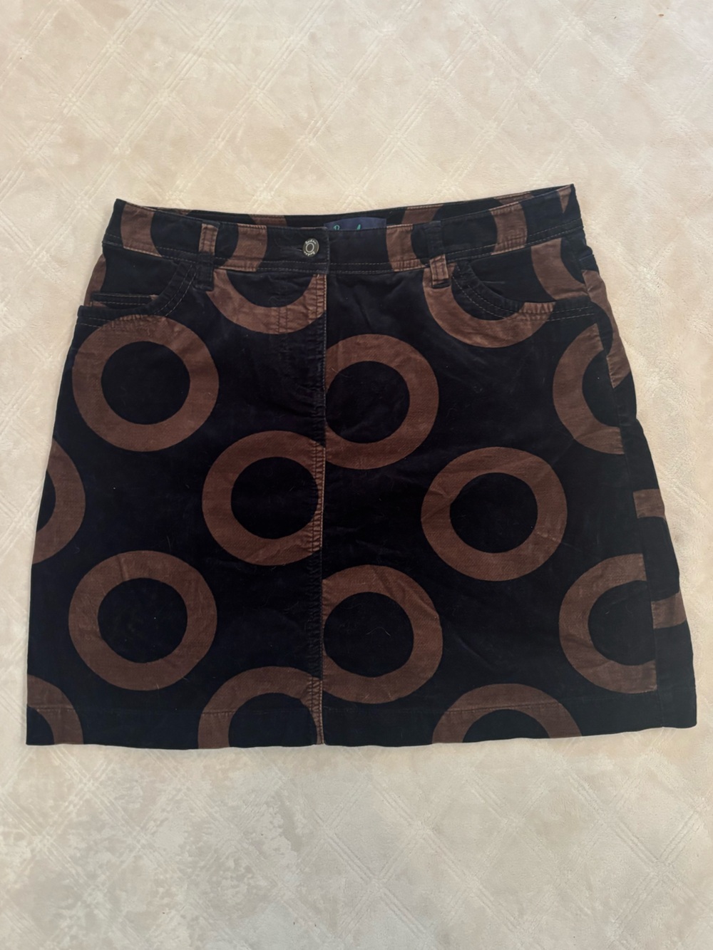 Boden Black Mini Skirt with Brown Circle Print